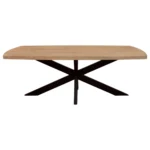 82 inch solid wood and iron pedestal dining table in natural and black finish with rustic distressed look