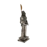 The armor suit's helmet and gauntlets, displayed on a wooden pedestal, with soft lighting casting shadows, ideal for