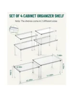 Clear acrylic countertop storage shelves with stacked spice jars on a kitchen counter