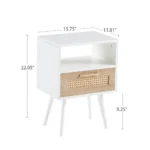 White rattan end table with drawer and solid wood legs, modern nightstand for bedroom or living room