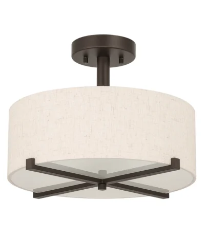 Round fabric semi flush ceiling lamp in warm beige, mounted in a modern living room with soft ambient lighting.