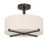 Round fabric semi flush ceiling lamp in warm beige, mounted in a modern living room with soft ambient lighting.
