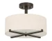 Round fabric semi flush ceiling lamp in warm beige, mounted in a modern living room with soft ambient lighting.