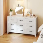 White 9 drawer dresser with glossy finish and minimalist design for bedroom storage from Goldoma