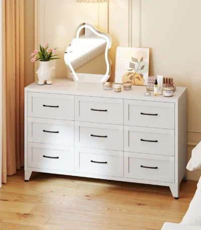 White 9 drawer dresser with glossy finish and minimalist design for bedroom storage from Goldoma