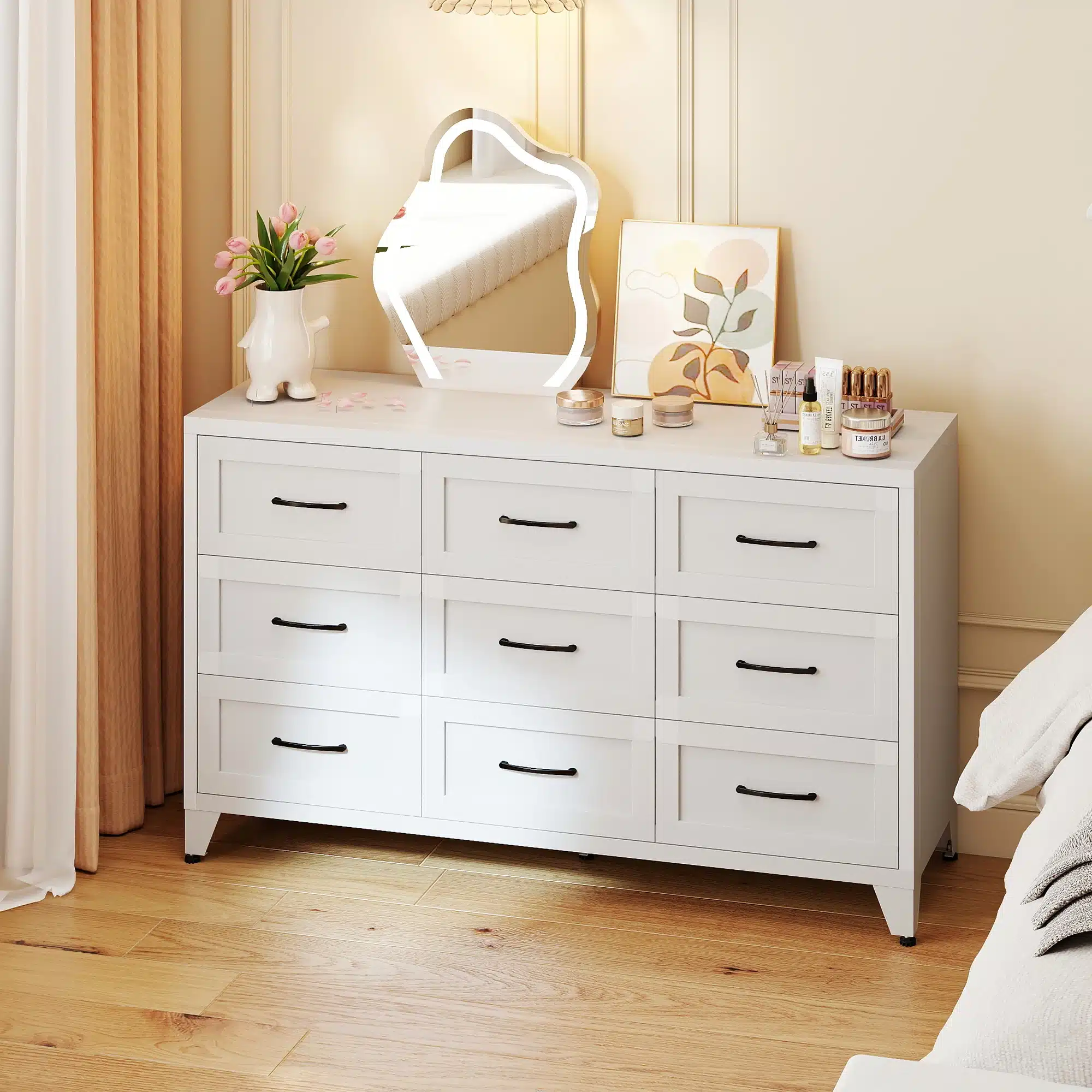 White 9 Drawer Dresser with Glossy Finish - Goldoma White 9 Drawer Dresser with Glossy Finish - Goldoma