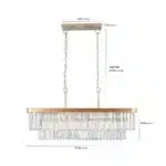 Close-up of the rectangular crystal chandelier showing clear crystal droplets and black iron hardware against a white