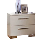 Glossy white nightstand with two drawers and chrome handles - contemporary bedroom furniture by Goldoma