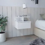 White wall mounted nightstand with drawer and open shelves in modern bedroom, Goldoma floating bedside table