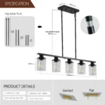 37" Modern Industrial 5-Light Chandelier with Clear Glass Shades,Matte Black Metal Frame Hanging Ceiling Light Fixture(No