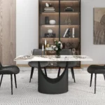 Modern marble texture dining table with sintered stone top and black metal base – Goldoma rectangular dining table