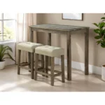 Modern brown dining table set with USB ports and three beige biscuit-tufted stools
