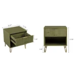 Olive green nightstand with ribbed drawer and open shelf, metal legs, modern design