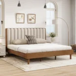 Solid wood king bed with piano key upholstered headboard in wheat finish - Goldoma