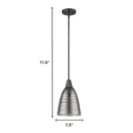 Bronze and glass hanging light centered above a modern coffee table in a bright living room, casting soft ambient light.