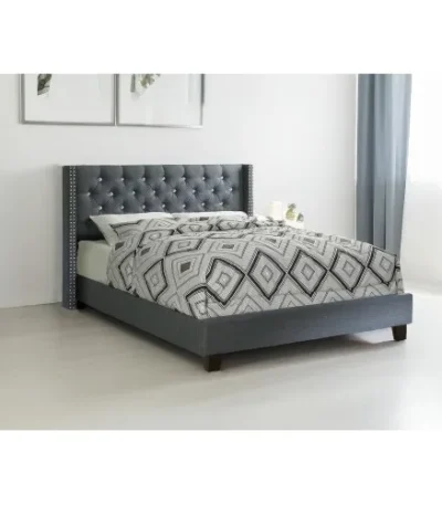 Goldoma queen size blue tufted bed headboard with diamond button tufting and pine wood frame