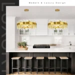 Modern crystal chandelier hanging over a dining table in a contemporary living room