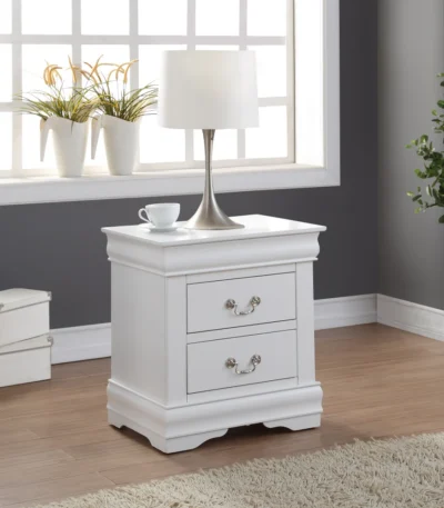 White Louis Philippe nightstand with two drawers in a bedroom setting