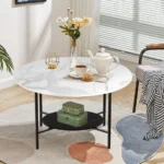 Modern sintered stone coffee table with metal legs in a living room