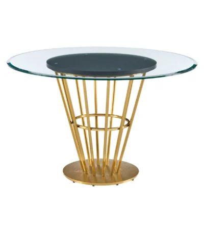 48 inch round glass dining table with gold stainless steel pedestal base in a modern dining room