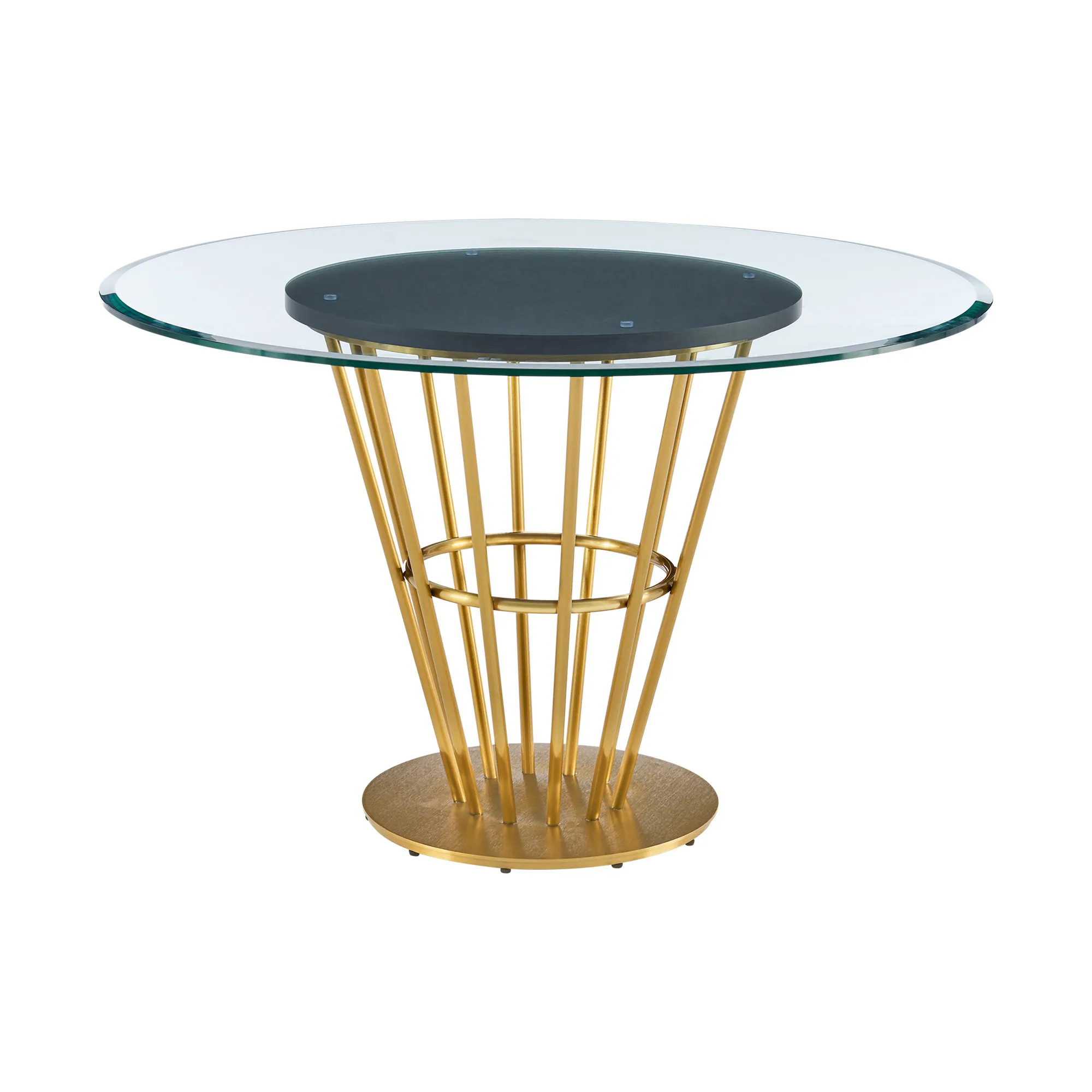 48 inch round glass dining table with gold pedestal base in a modern dining room setting