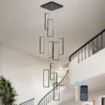 Modern 10-Light Dimmable LED Chandelier, Black Rectangle Pendant Light with Remote for High Ceilings, Staircase, Foyer,