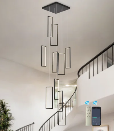 Modern 10-Light Dimmable LED Chandelier, Black Rectangle Pendant Light with Remote for High Ceilings, Staircase, Foyer,