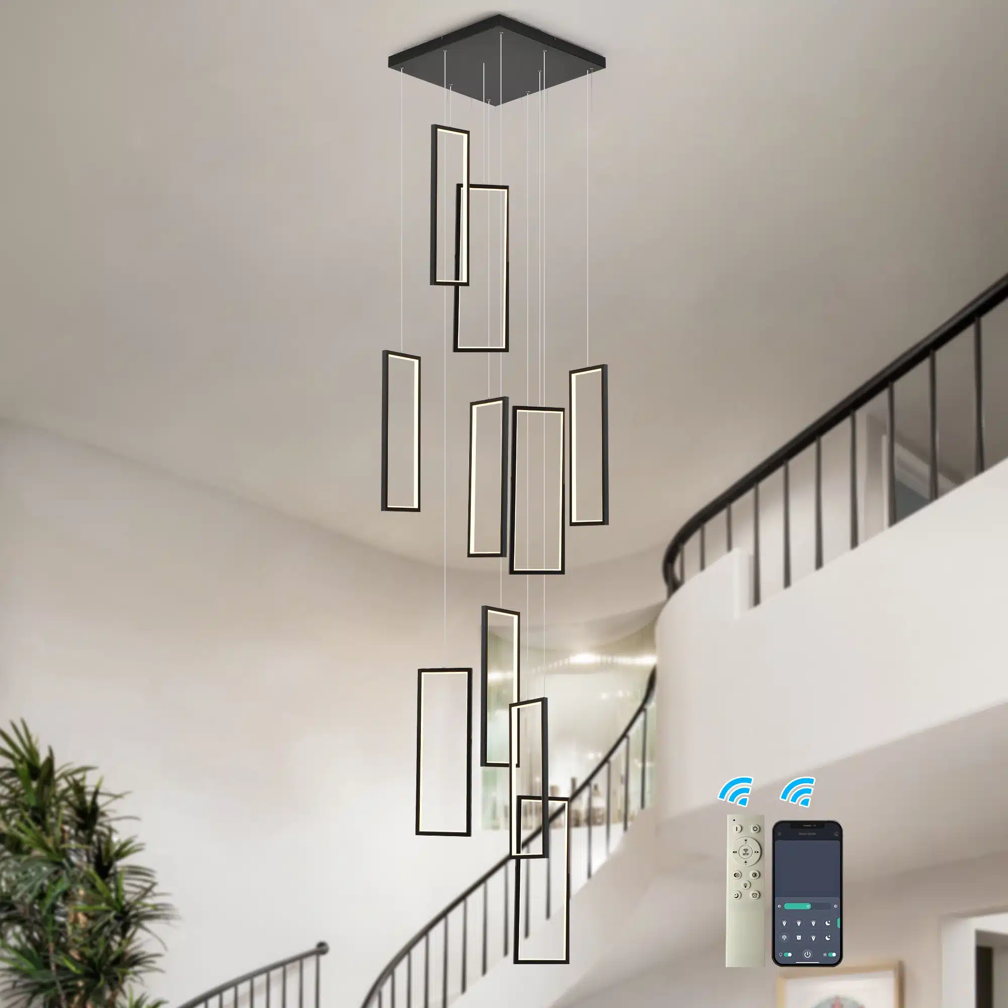 Modern 10-Light Dimmable LED Chandelier, Black Rectangle Pendant Light with Remote for High Modern 10-Light Dimmable LED Chandelier, Black Rectangle Pendant Light with Remote for High Ceilings, Staircase, Foyer,