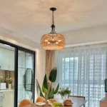 19" Boho Hemp Rope Pendant Light, Hand-Woven Jute Hanging Lamp with Adjustable Chain, Natural Rope Shade Ceiling Light