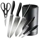 7-Piece Professional Kitchen Cooking Knife Japanese Kitchen Knife Set with Storage Bucket – angled view