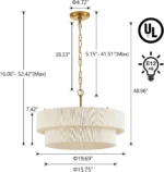 Hand Woven White Rattan Boho Pendant Light Adjustable Coastal Chandelier for Kitchen Island Dining Living Room UL Listed