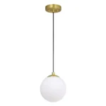 Modern brass pendant light with adjustable globe, hanging over a kitchen island with warm ambient lighting.