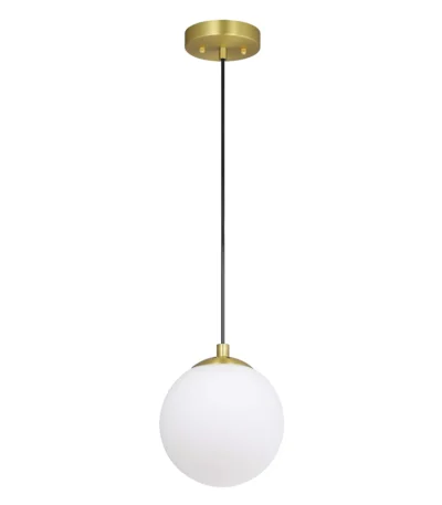 Modern brass pendant light with adjustable globe, hanging over a kitchen island with warm ambient lighting.