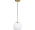 Modern brass pendant light with adjustable globe, hanging over a kitchen island with warm ambient lighting.