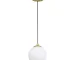 Modern brass pendant light with adjustable globe, hanging over a kitchen island with warm ambient lighting.