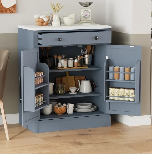 H9a2812fa5c234f69b2f70ac7a7553824B.webp Modern 2-Door Wood Kitchen Pantry with 2 Adjustable Shelves Coffee Bar Cabinet Drawer Food Storage Dining Sideboard - Image 1