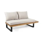 2-Seater Wooden Sofa Set Right Side Outdoor Sofa Beige Cushions Acacia Wood Frame Black Metal Legs for Hotel Villa Use