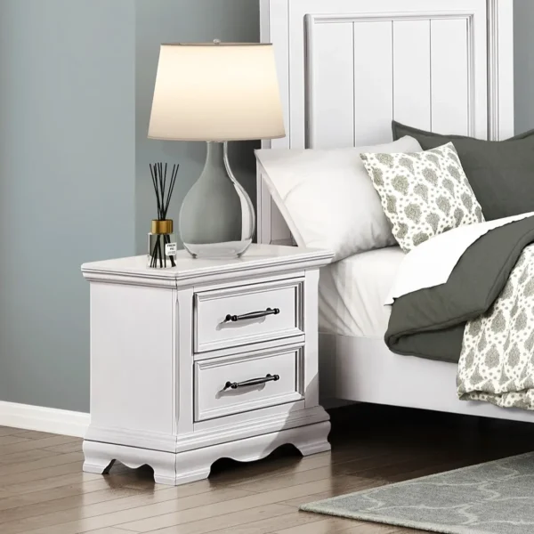 White 2-Drawer Nightstand with Black Handles – Durable Wood