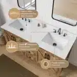 Goldoma freestanding vanity with adjustable shelf open, showing storage space beneath the undermount sink in a compact