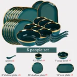 Green With Gold Inlay Quality Plates Full Set Luxury Steak Food Tray Ceramic Dinner Dish Salad Bowl Spoon Porcelain