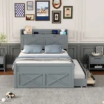 Twin solid wood bed frame with storage headboard and three drawers in white finish