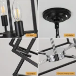 Close-up of the 8-light geometric pendant chandelier's black metal frame and exposed bulb sockets against a white wall