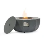Eco-friendly petal-shaped propane fire bowl with blue flames on patio