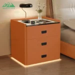 Modern smart nightstand with digital lock, Bluetooth speaker, and wireless charging pad - 3-drawer bedside table in bedroom setting