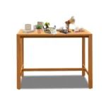 Goldoma aluminum outdoor bar table with wood grain finish on patio