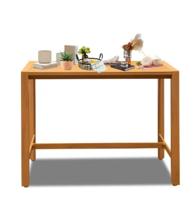 Goldoma aluminum outdoor bar table with wood grain finish on patio
