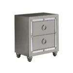 Chloe Gemstone silver mirrored nightstand with ring pulls and two drawers in a bedroom