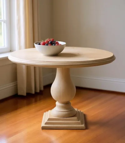 48-inch natural solid wood round dining table with pedestal base in a dining room setting