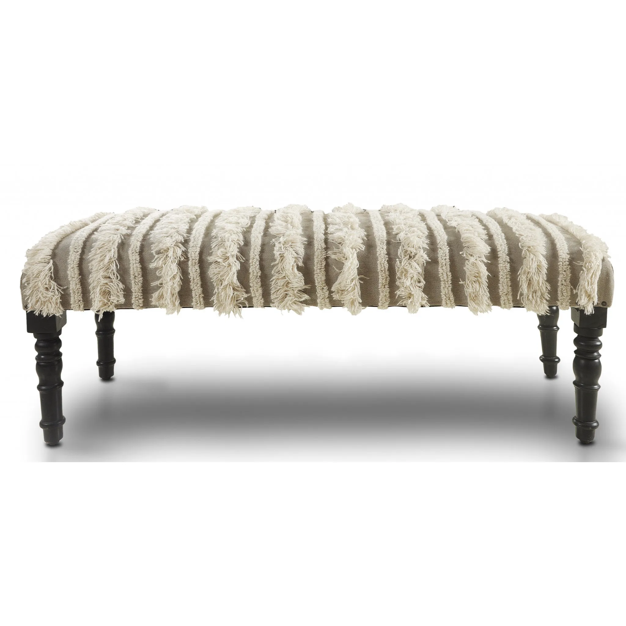H9b78d2e4879c4a7c946f39970b16b4b35.webp Goldoma 47-inch cream boho stripe upholstered bench with black metal legs in a living room setting