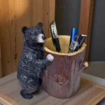 Resin Little Bear Holding Tree Stump Pen Holder-Hand-painted Art-Bionic Design-Desktop/Office Area Fun and Practical Decor